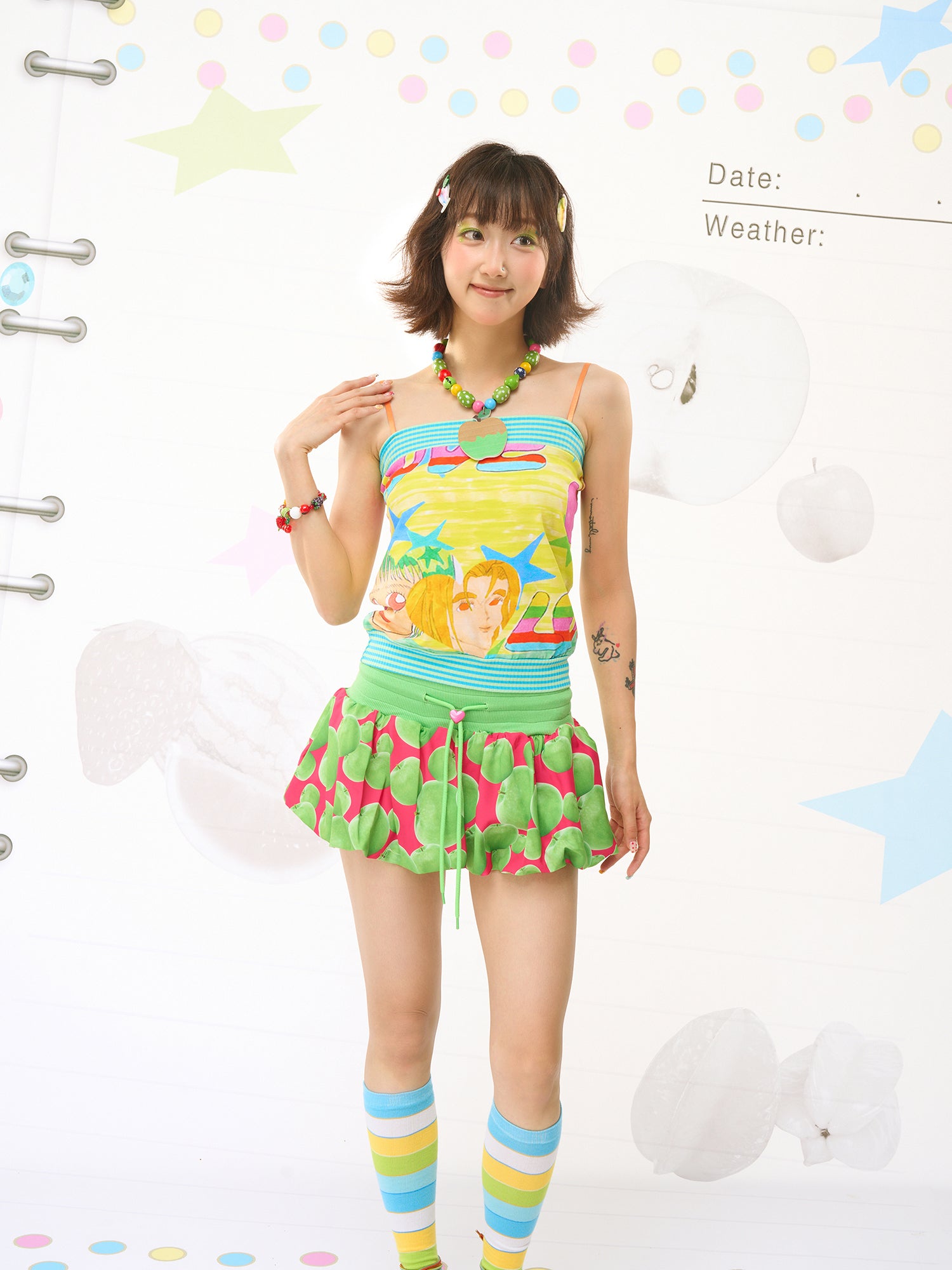 FRUITS Illustration‑Print Cami | Bandeau Cami Top | Stretch Knit tank top Fruits