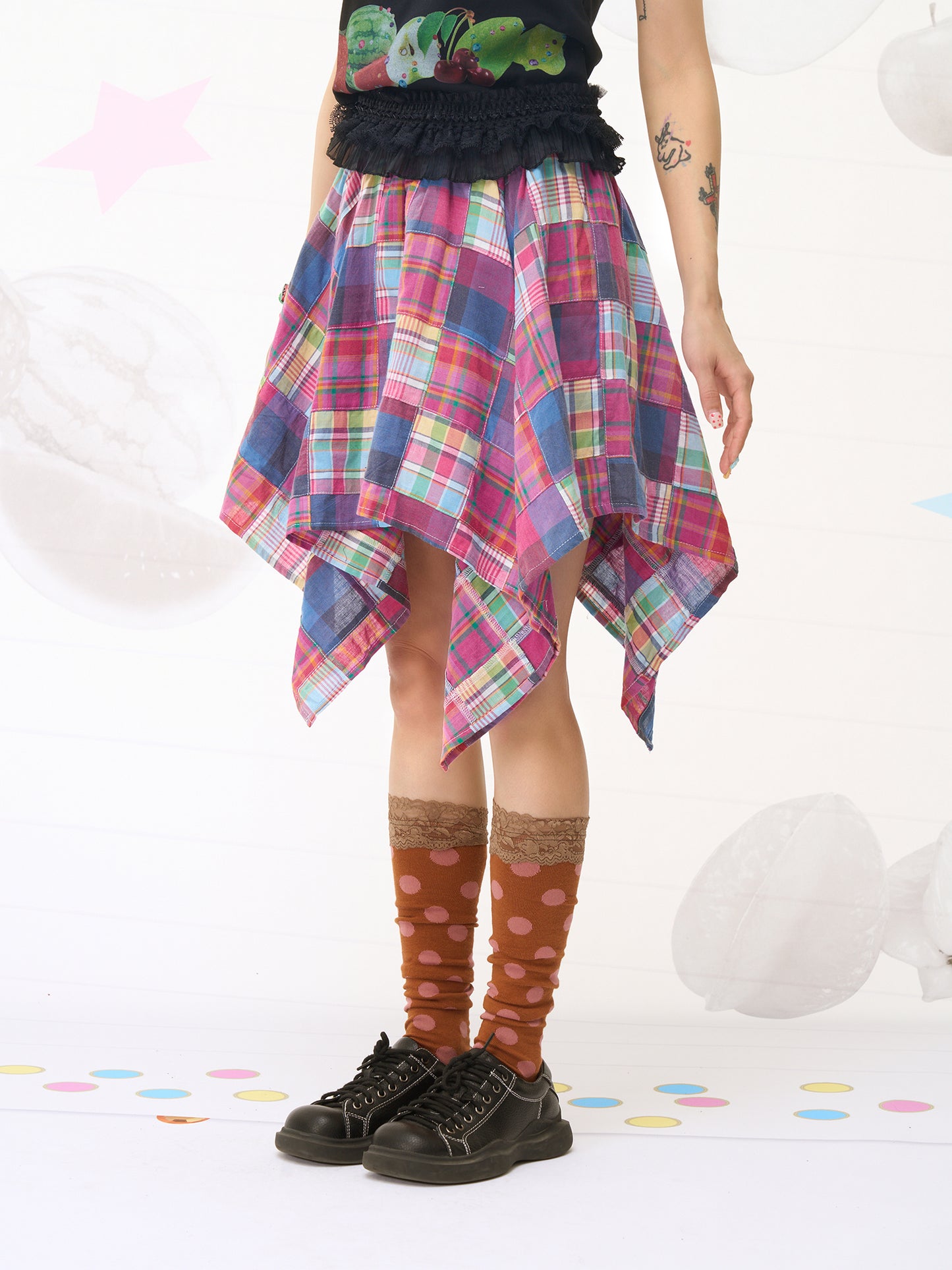 FRUITS Patch‑Work Skirt | Plaid Asymmetric Skirt | Blue Purple Skirt skirt Fruits