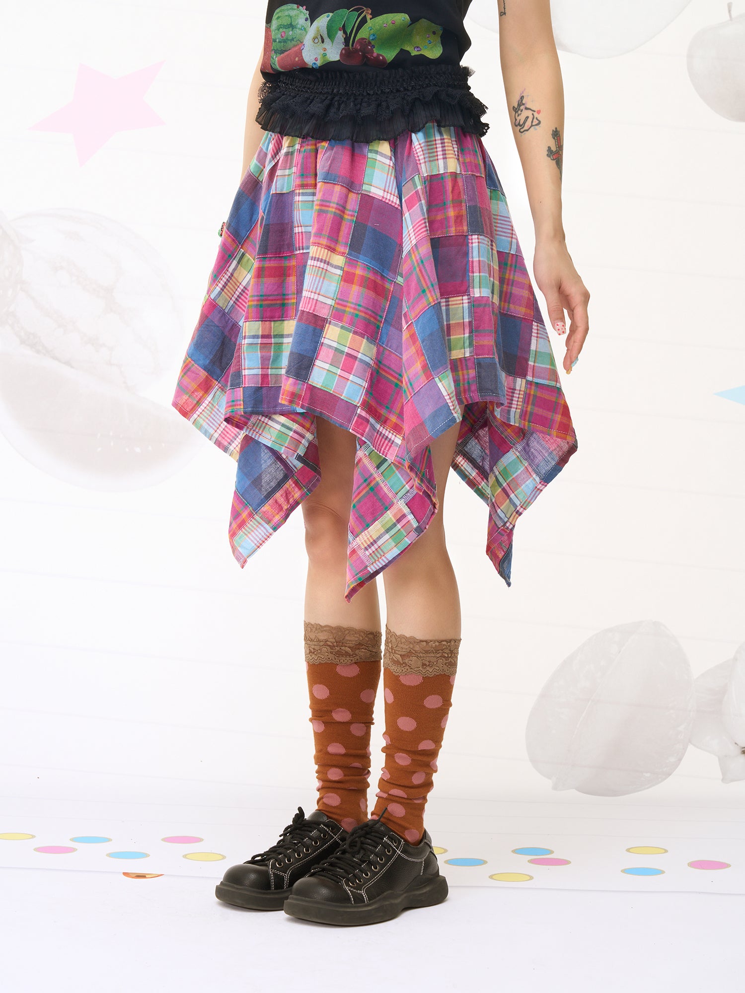 FRUITS Patch‑Work Skirt | Plaid Asymmetric Skirt | Blue Purple Skirt skirt Fruits