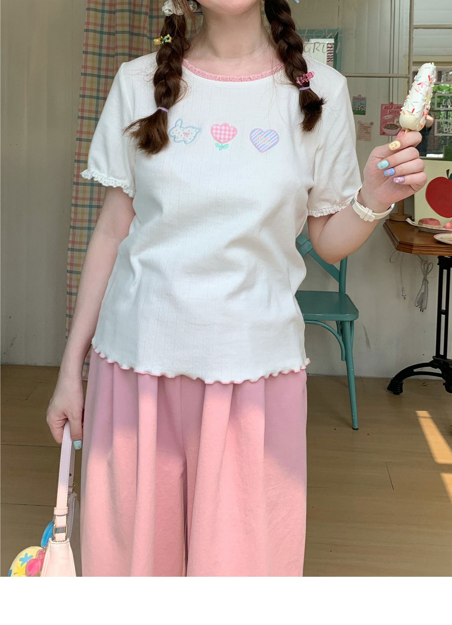 Peach Party - White Embroidered Kawaii T-Shirt