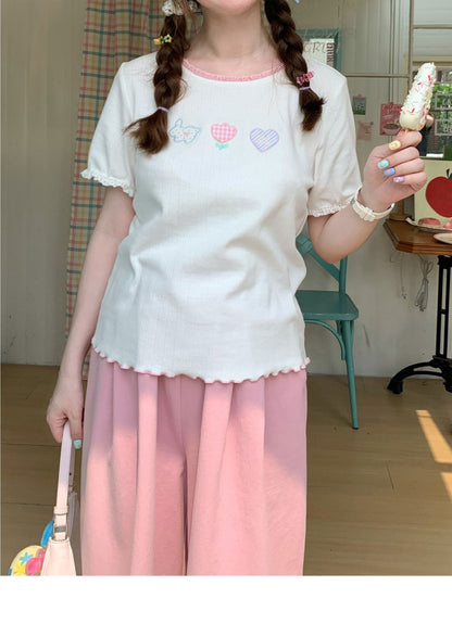 Peach Party - White Embroidered Kawaii T-Shirt