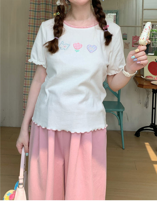 Peach Party - White Embroidered Kawaii T-Shirt