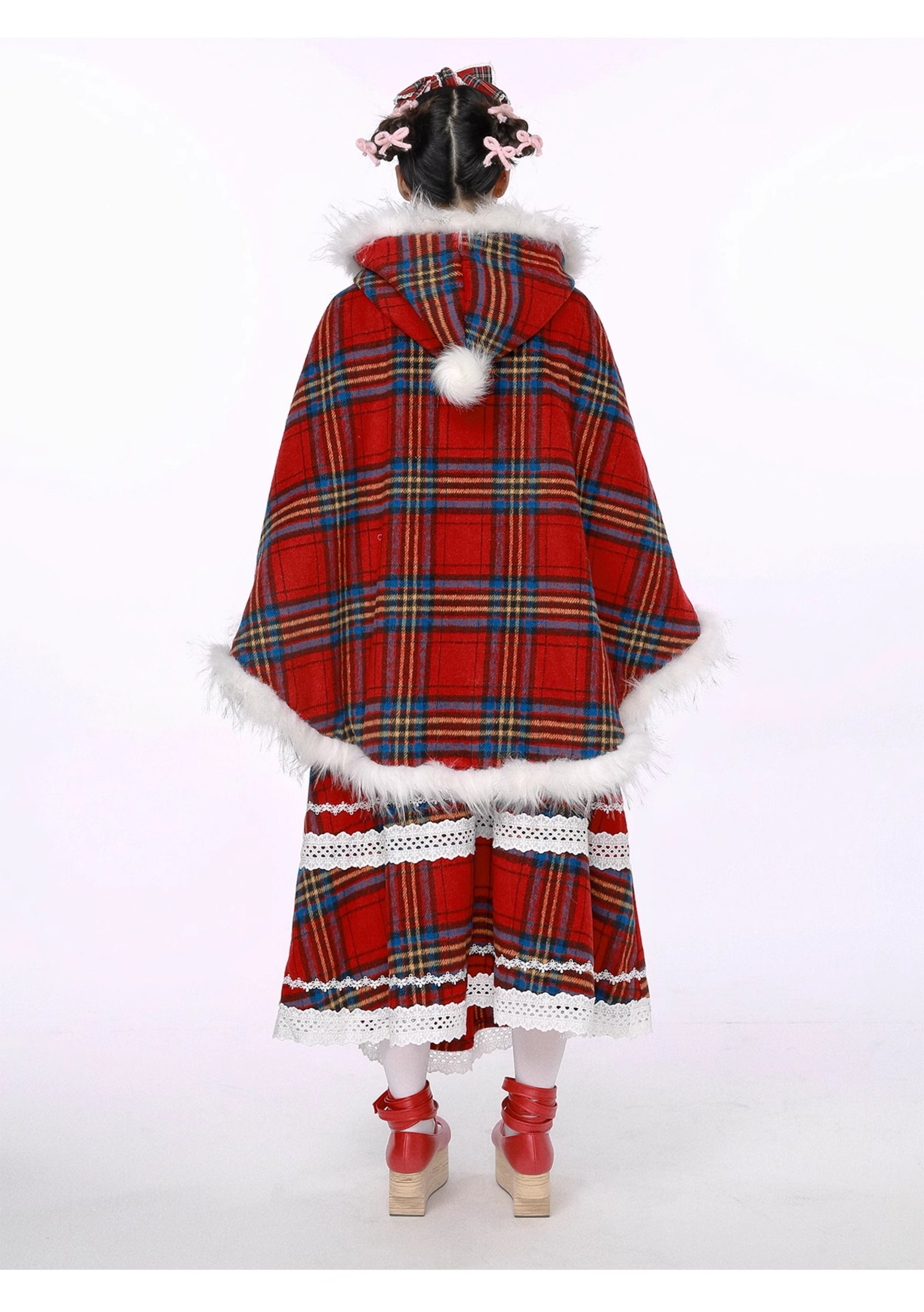 SOS MEME CLUB – Showa Christmas Red Plaid Wool Coat cape SOS MEME CLUB