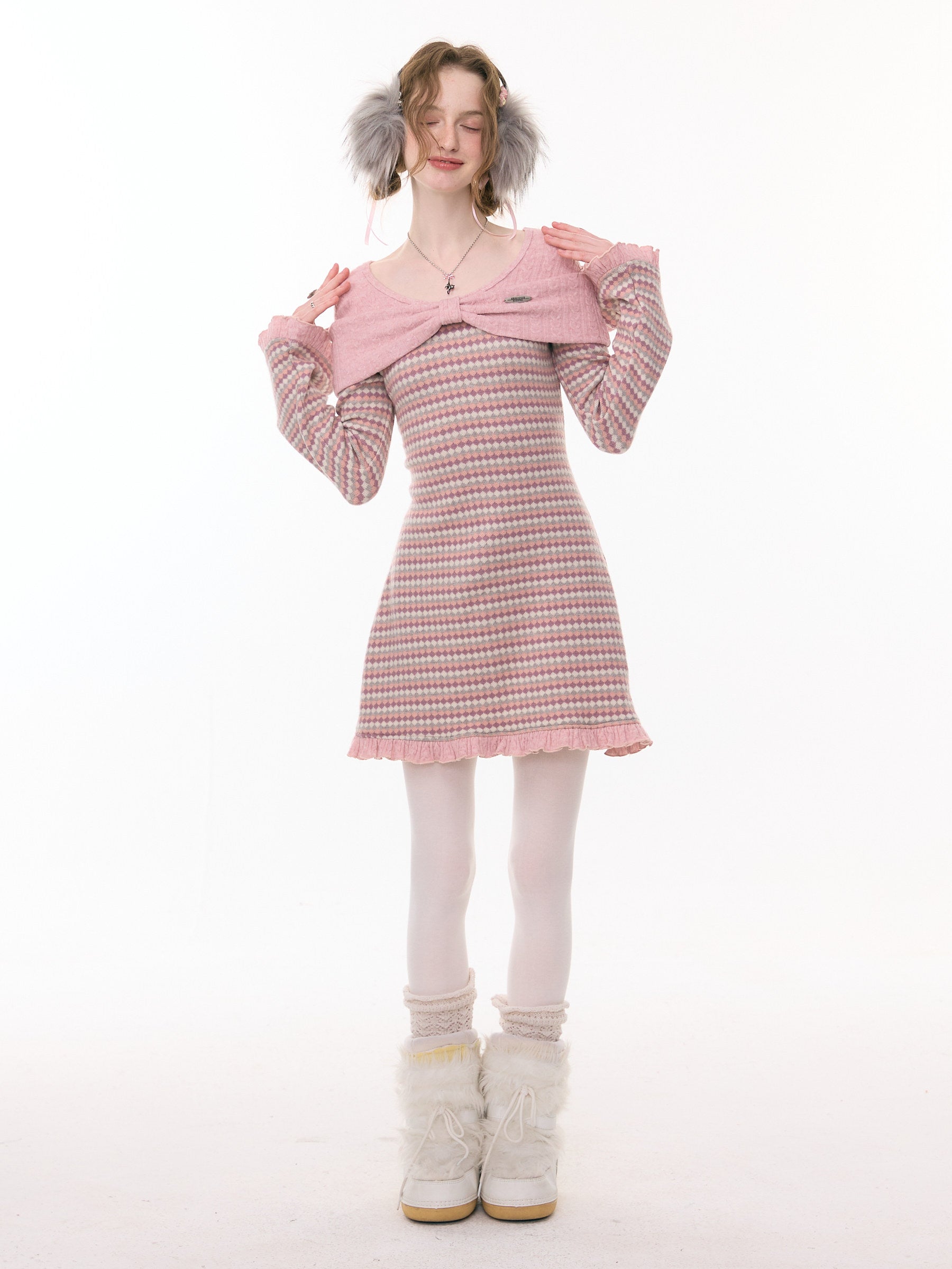 ziziFei - Girly Kei Bow Plaid Knit Ruffle Dress dress ziziFei