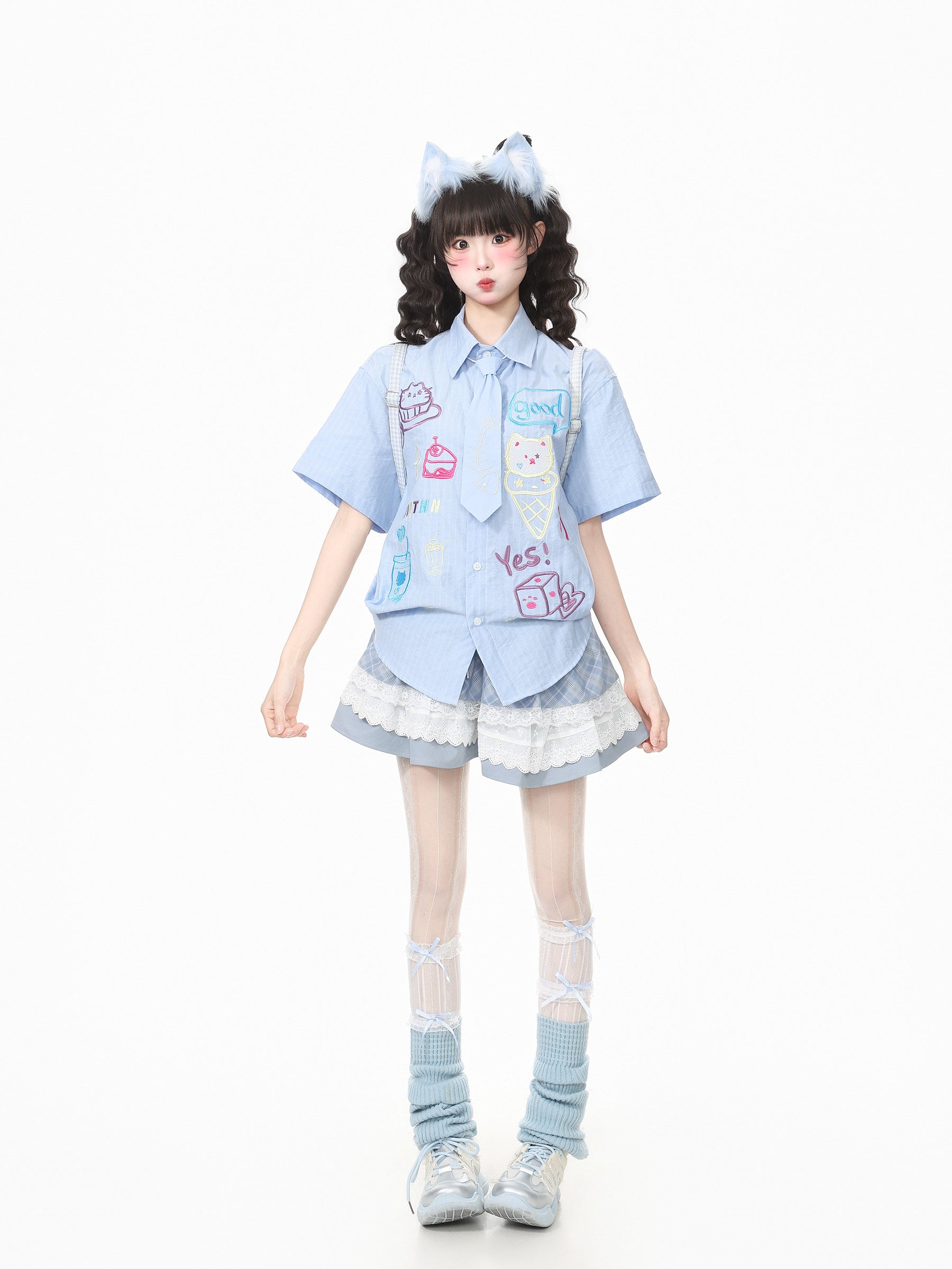 Languid Park - Cat Embroidery Tie Shirt shirt Languid Park