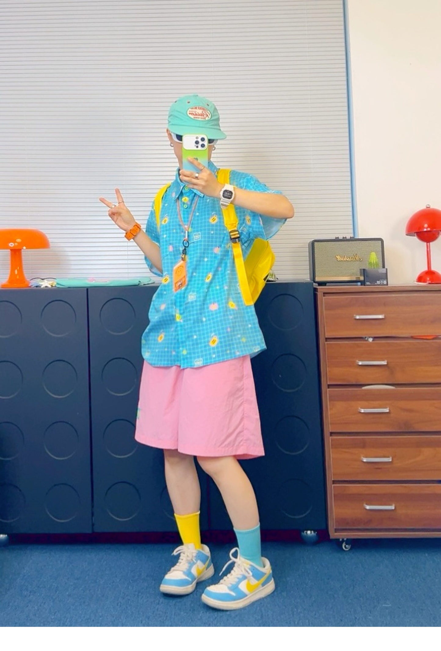 KURIOSITAET - Blue Colorful Plaid Short-Sleeve Shirt