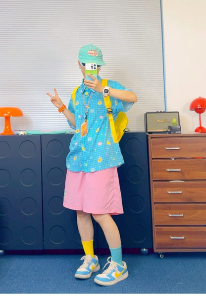 KURIOSITAET - Blue Colorful Plaid Short-Sleeve Shirt