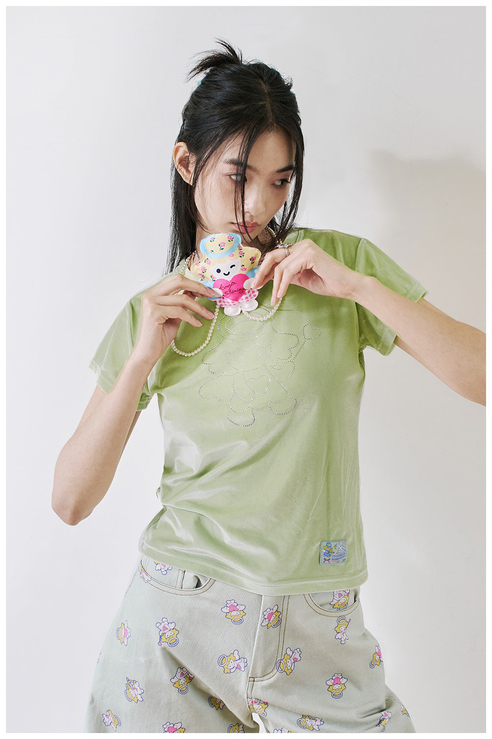 tntntutu Light Green T-shirt | Velvet Angel Tee | Rhinestone Fitted Short Sleeve T-shirt tshirt tntntutu