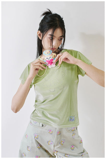 tntntutu Light Green T-shirt | Velvet Angel Tee | Rhinestone Fitted Short Sleeve T-shirt tshirt tntntutu