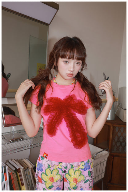 tntntutu Kawaii Mesh Bow Short Sleeve T-Shirt – Harajuku Y2K Puff Tee tshirt tntntutu