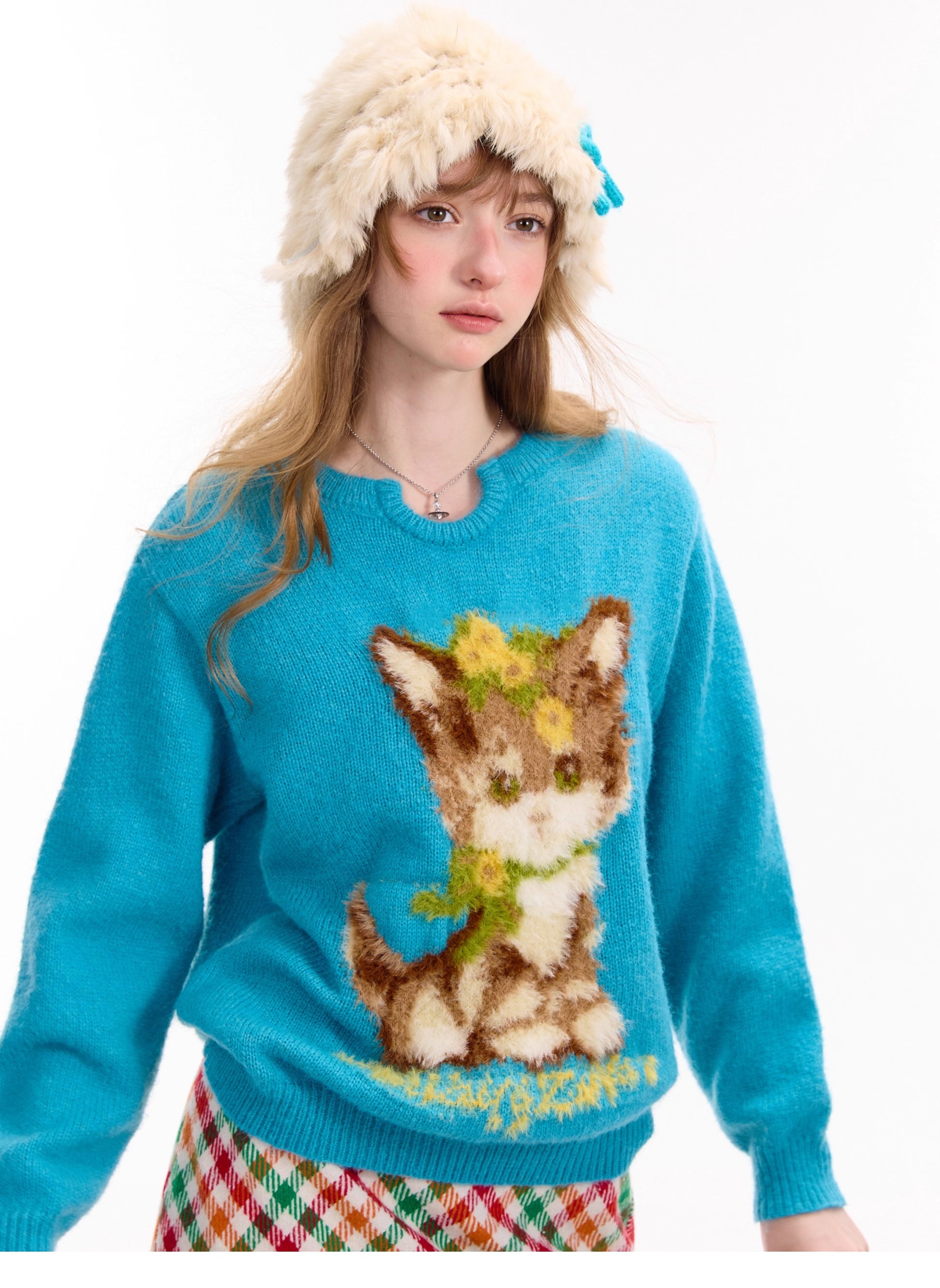 ziziFei – Girly Kei Blue Cat Knit Sweater sweater ziziFei