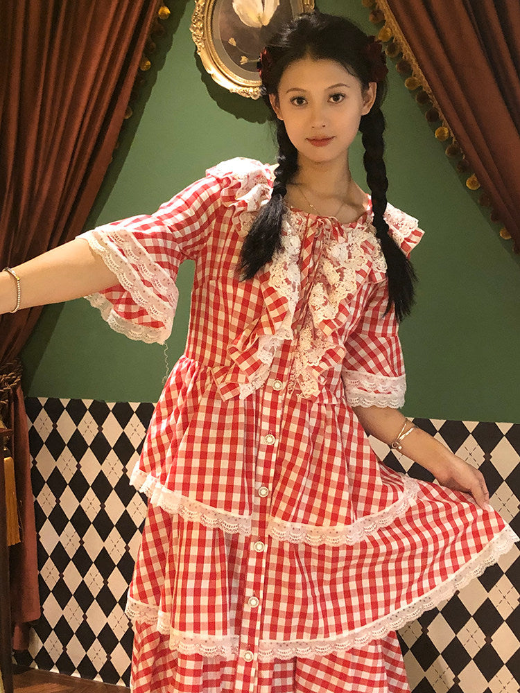 Nanjun Vintage - Red Plaid Lolita Cake Dress dress Nanjun Vintage