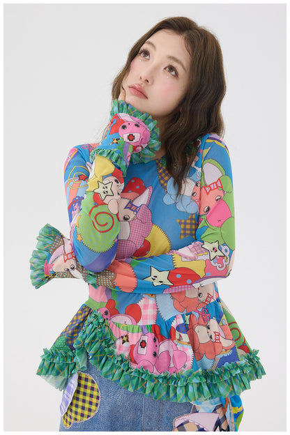 tntntutu - Cartoon Mesh Ruffle Top shirt tntntutu