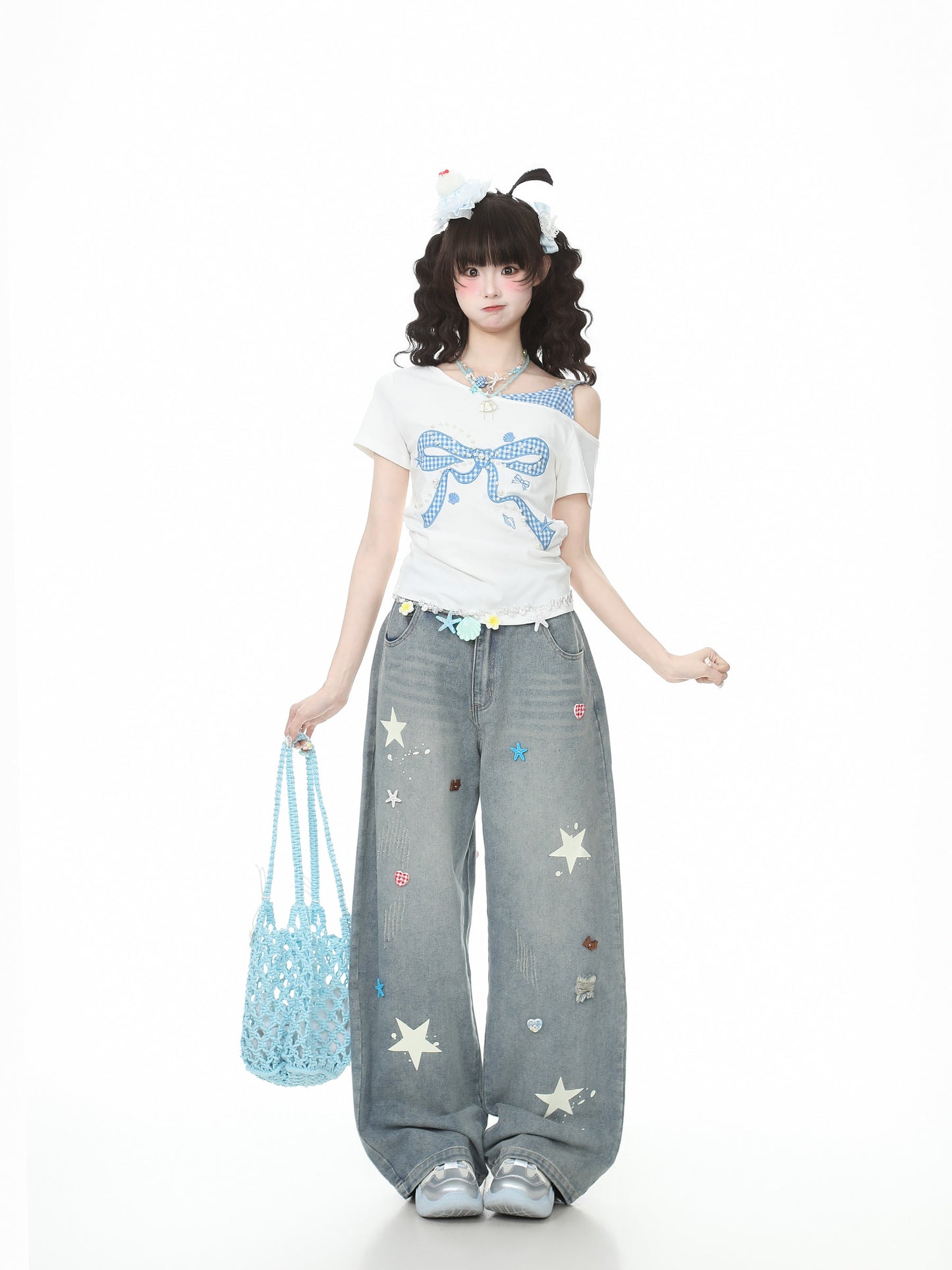 Languid Park - Plaid Rhinestone Off Shoulder Tee shirt Languid Park