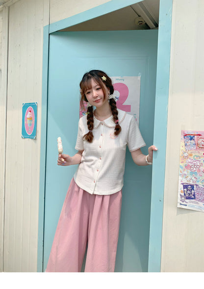 Peach Party - White Embroidered Knit Polo Cardigan