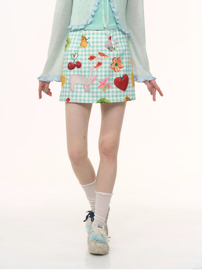 ziziFei - Girly Fruit Print Plaid High Waist Mini Skirt skirt ziziFei