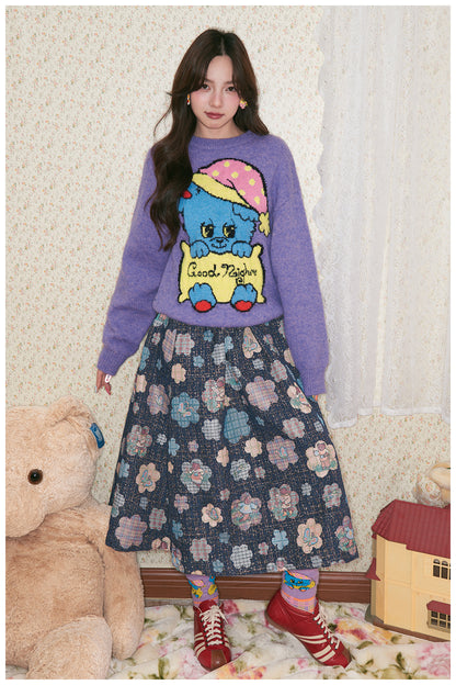 tntntutu - Woven Flower Teddy Illustration Tweed Shirt Jacket Pants Skirt Set set tntntutu