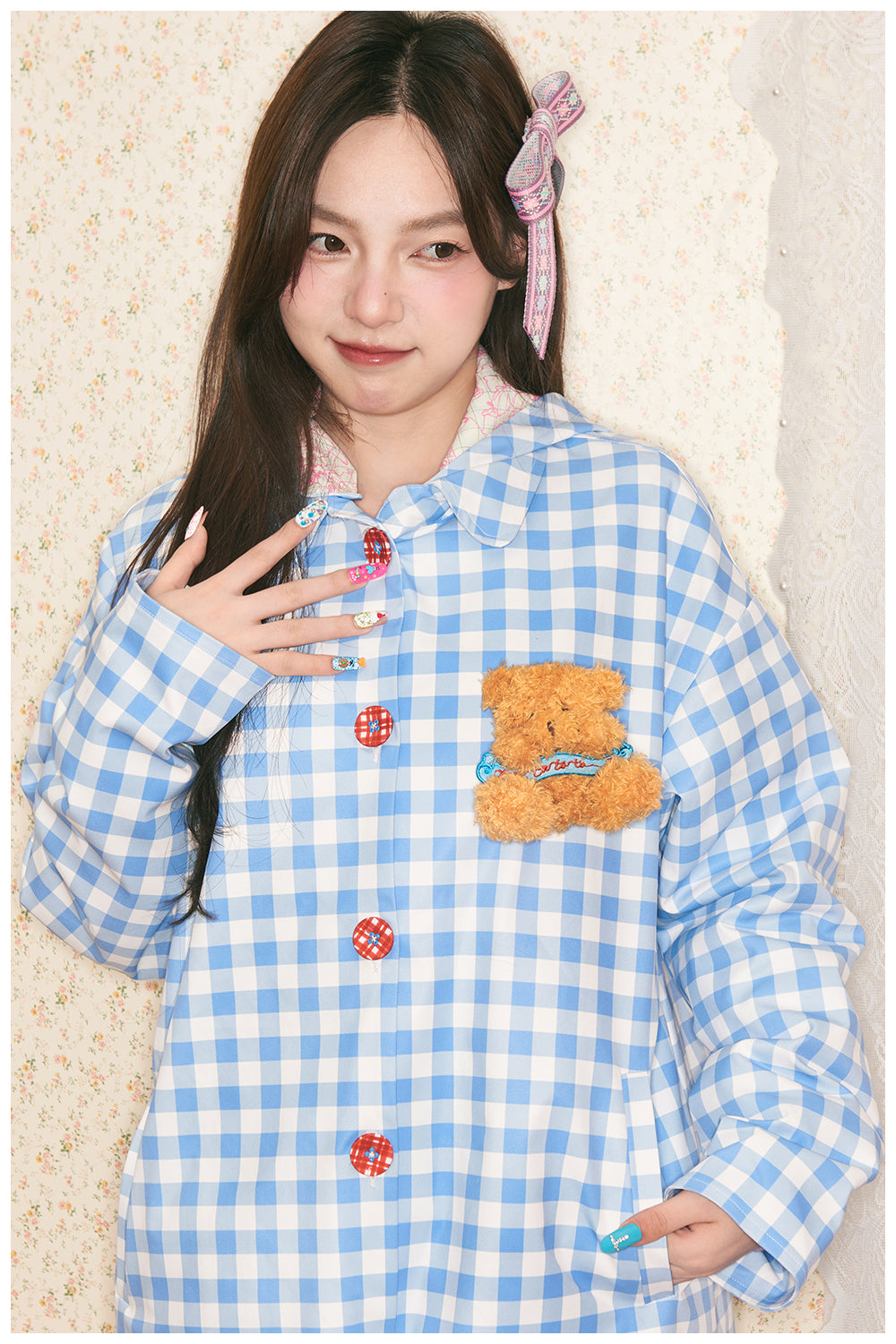 tntntutu - Blue Plaid Hooded Trench Coat w/ Bear Brooch Trench tntntutu