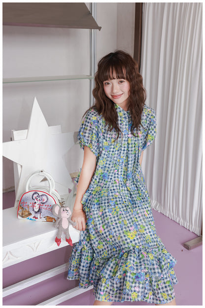 tntntutu Blue & White Plaid Floral Shirt and Mermaid Hem Skirt Set set tntntutu