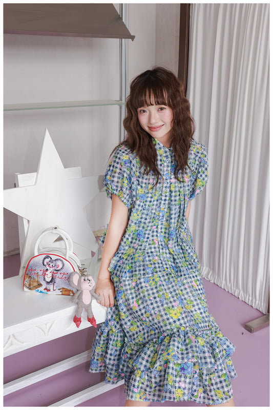 tntntutu Blue & White Plaid Floral Shirt and Mermaid Hem Skirt Set set tntntutu