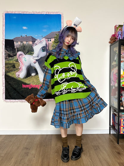 bunnybunnygun - Decora Kei Striped Knit Vest Oversized Sweet Cool vest bunnybunnygun
