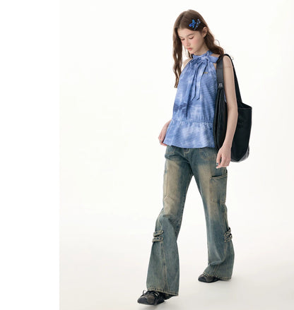 ziziFei - Blue Plaid Bow Halter Top shirt ziziFei