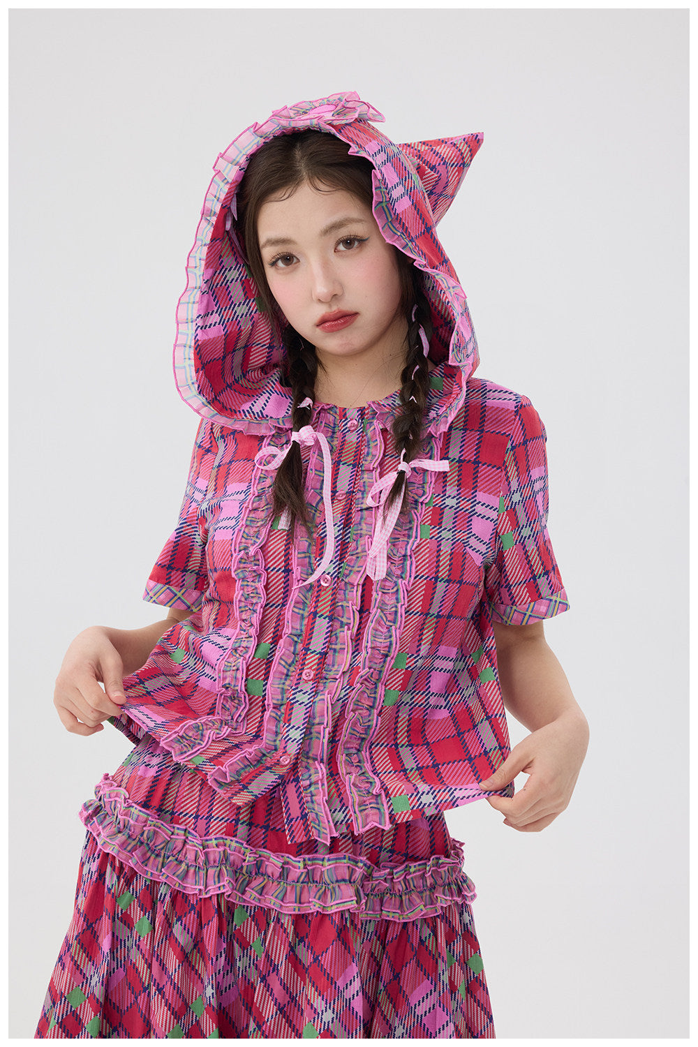 tntntutu - Pink Plaid Bear Hat Skirt Set set tntntutu