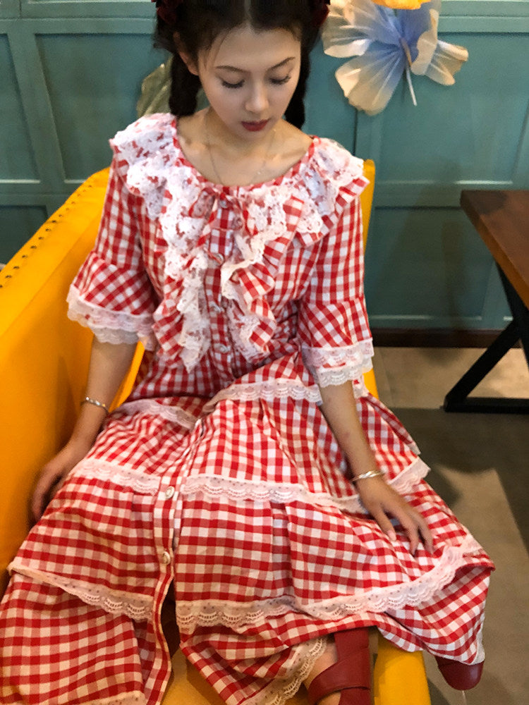 Nanjun Vintage - Red Plaid Lolita Cake Dress dress Nanjun Vintage