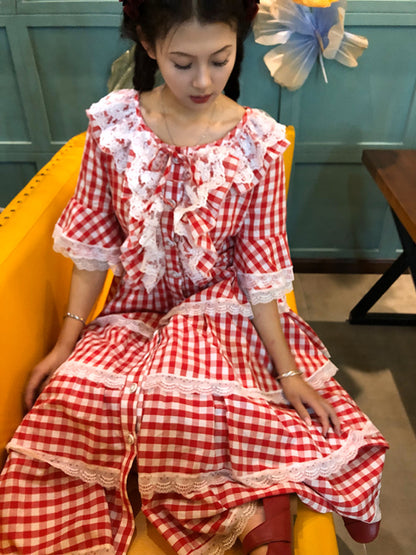 Nanjun Vintage - Red Plaid Lolita Cake Dress dress Nanjun Vintage