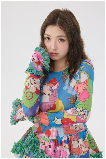 tntntutu - Cartoon Mesh Ruffle Top shirt tntntutu