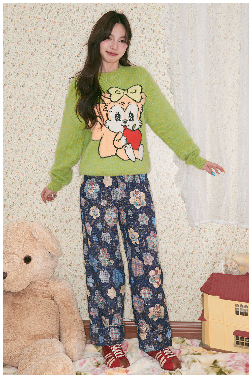 tntntutu - Woven Flower Teddy Illustration Tweed Shirt Jacket Pants Skirt Set set tntntutu