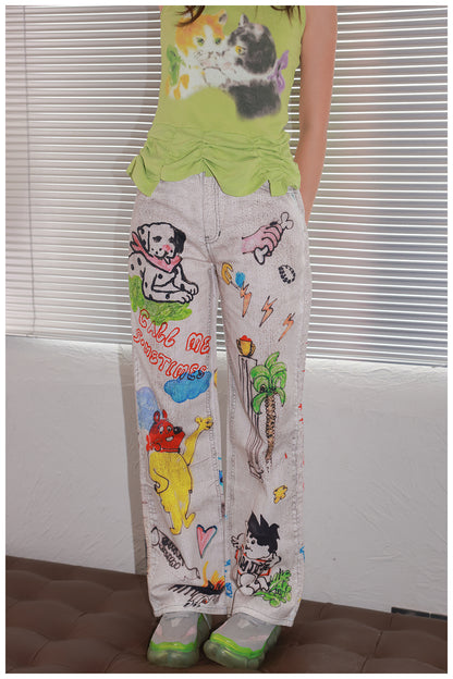 Tntntutu - Decora Kei White Graffiti Denim Pants pants tntntutu