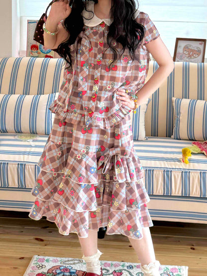 KaiXin Hostel - Strawberry Plaid Bow Shirt Set set KaiXin hostel