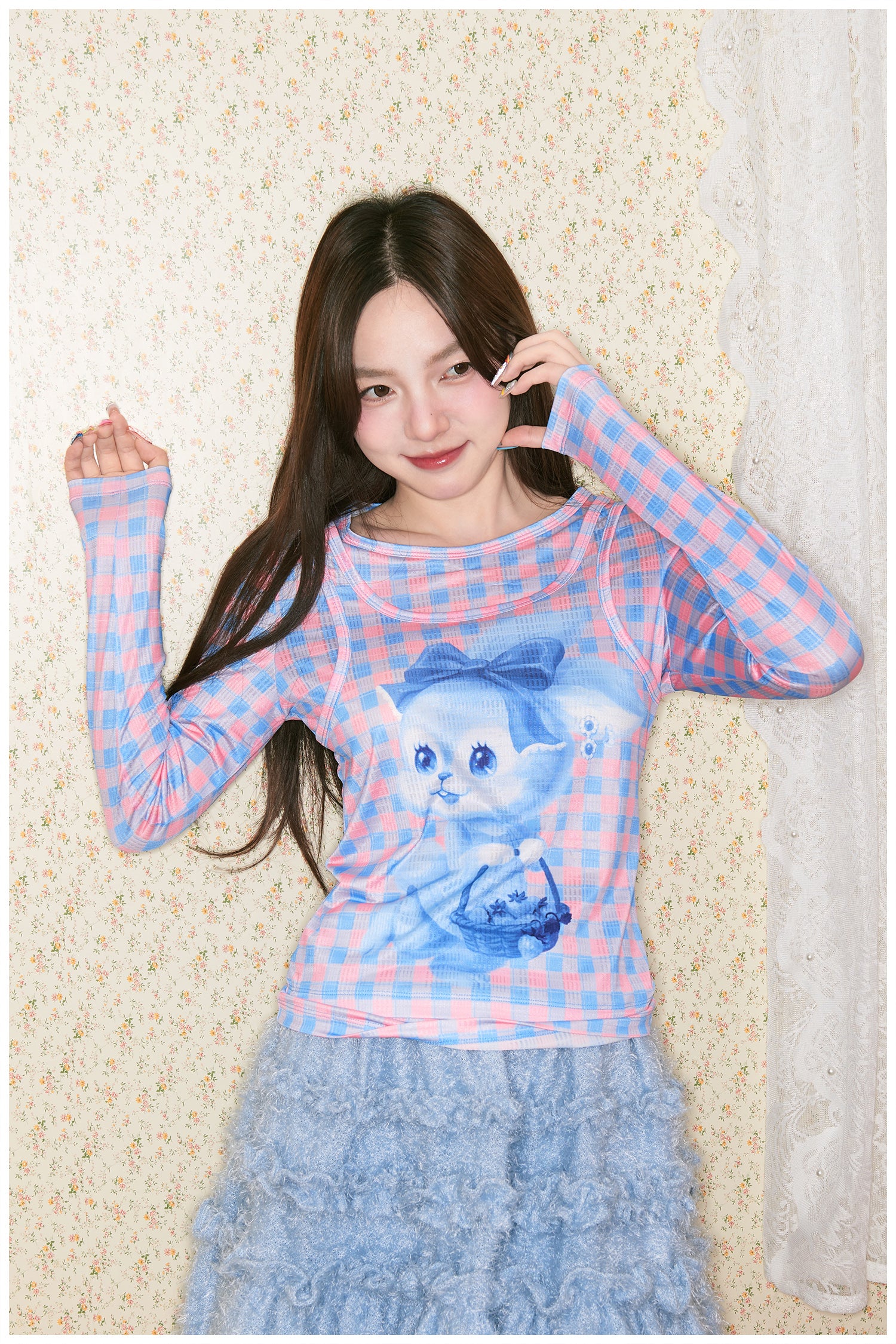 tntntutu - Bunny & Floral Plaid Slim Fit Layered Top shirt tntntutu