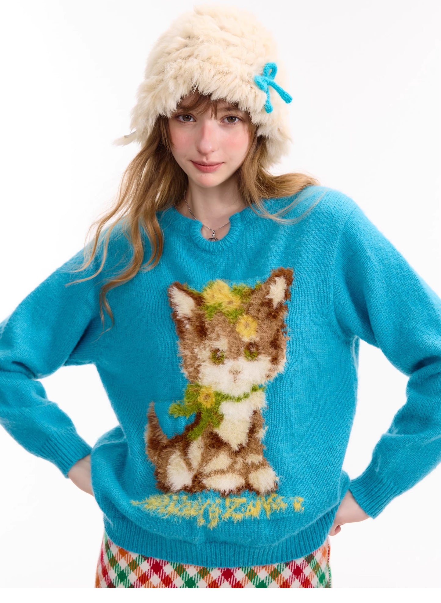 ziziFei – Girly Kei Blue Cat Knit Sweater sweater ziziFei