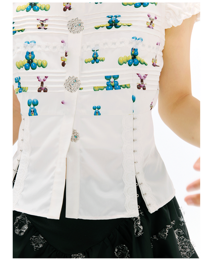 sillysis - Colorful Lace Puff Sleeve Blouse shirt sillysis