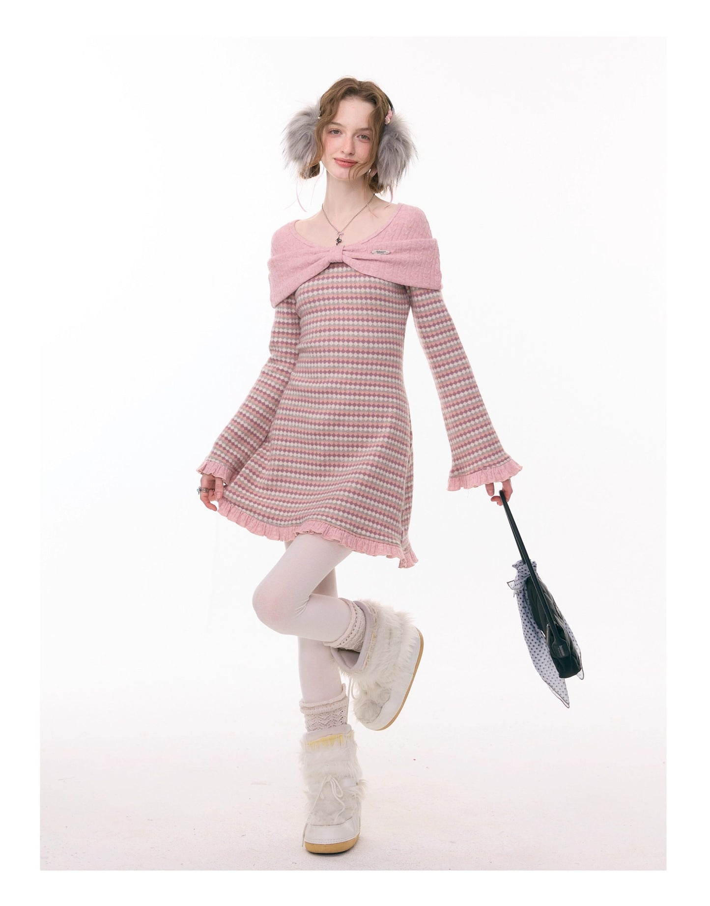 ziziFei - Girly Kei Bow Plaid Knit Ruffle Dress dress ziziFei