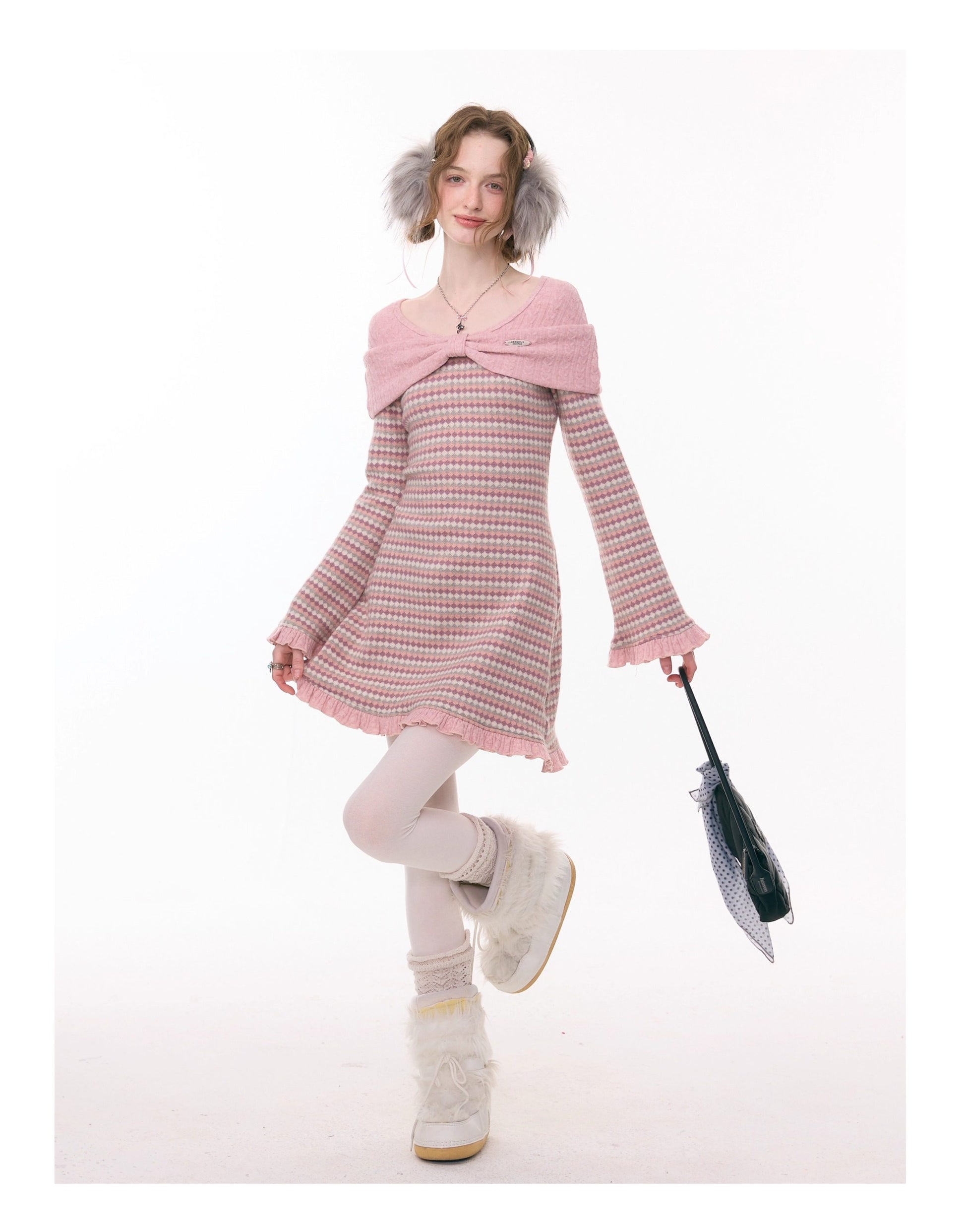 ziziFei - Girly Kei Bow Plaid Knit Ruffle Dress dress ziziFei