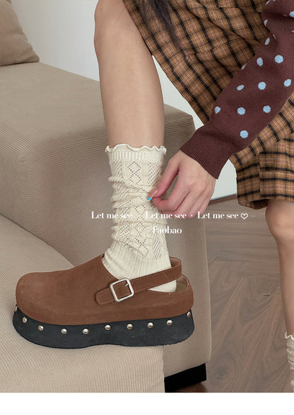 LET ME SEE 古早风镂空针织花边袜 木耳边芭蕾小腿袜女堆堆针织袜 sock let me see