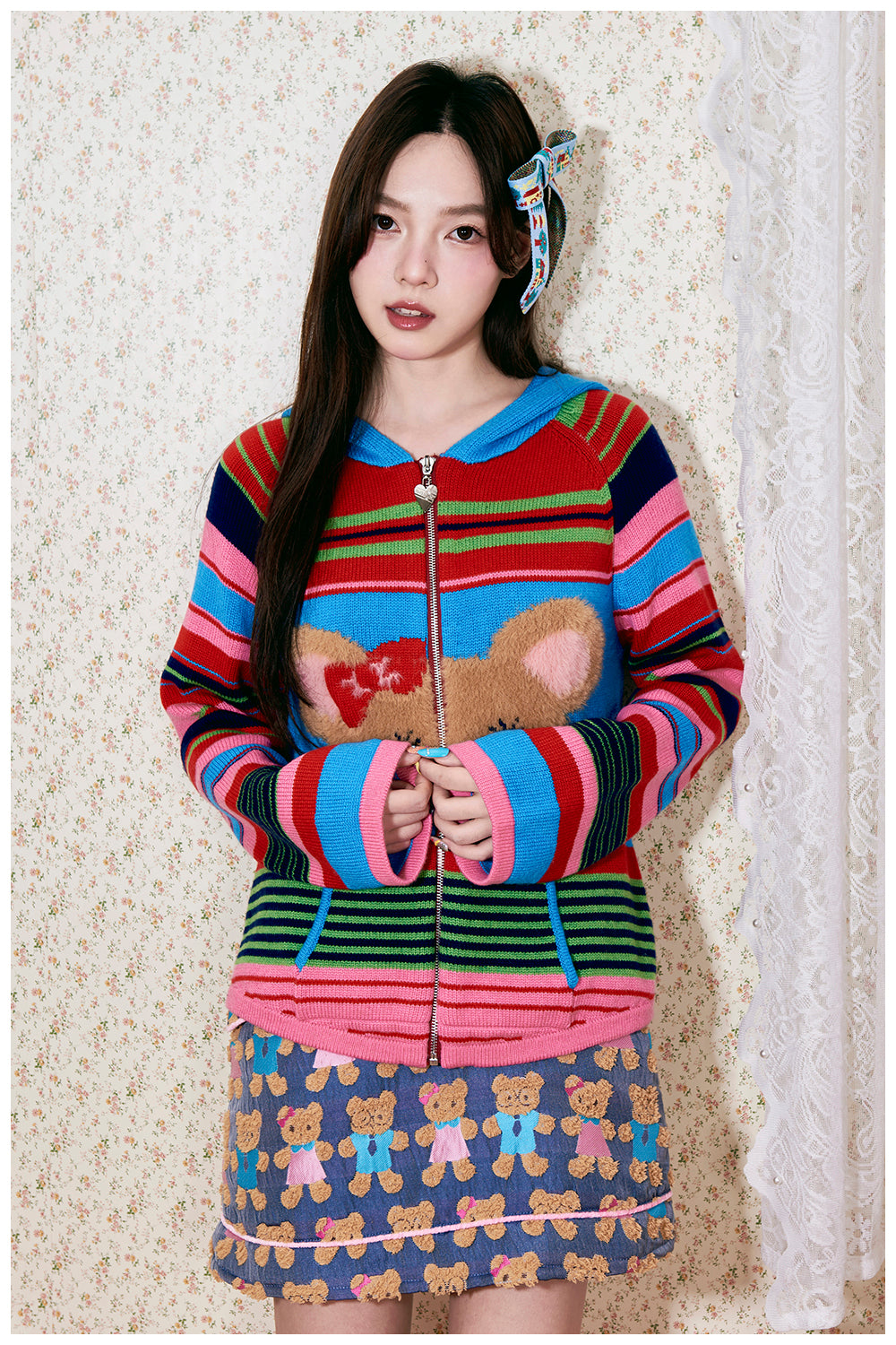 tntntutu - Colorful Striped Teddy Knit Hoodie Cardigan cardigan tntntutu