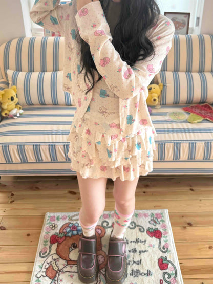 KaiXin Hostel - Cat Rose Print Cardigan Set set KaiXin hostel