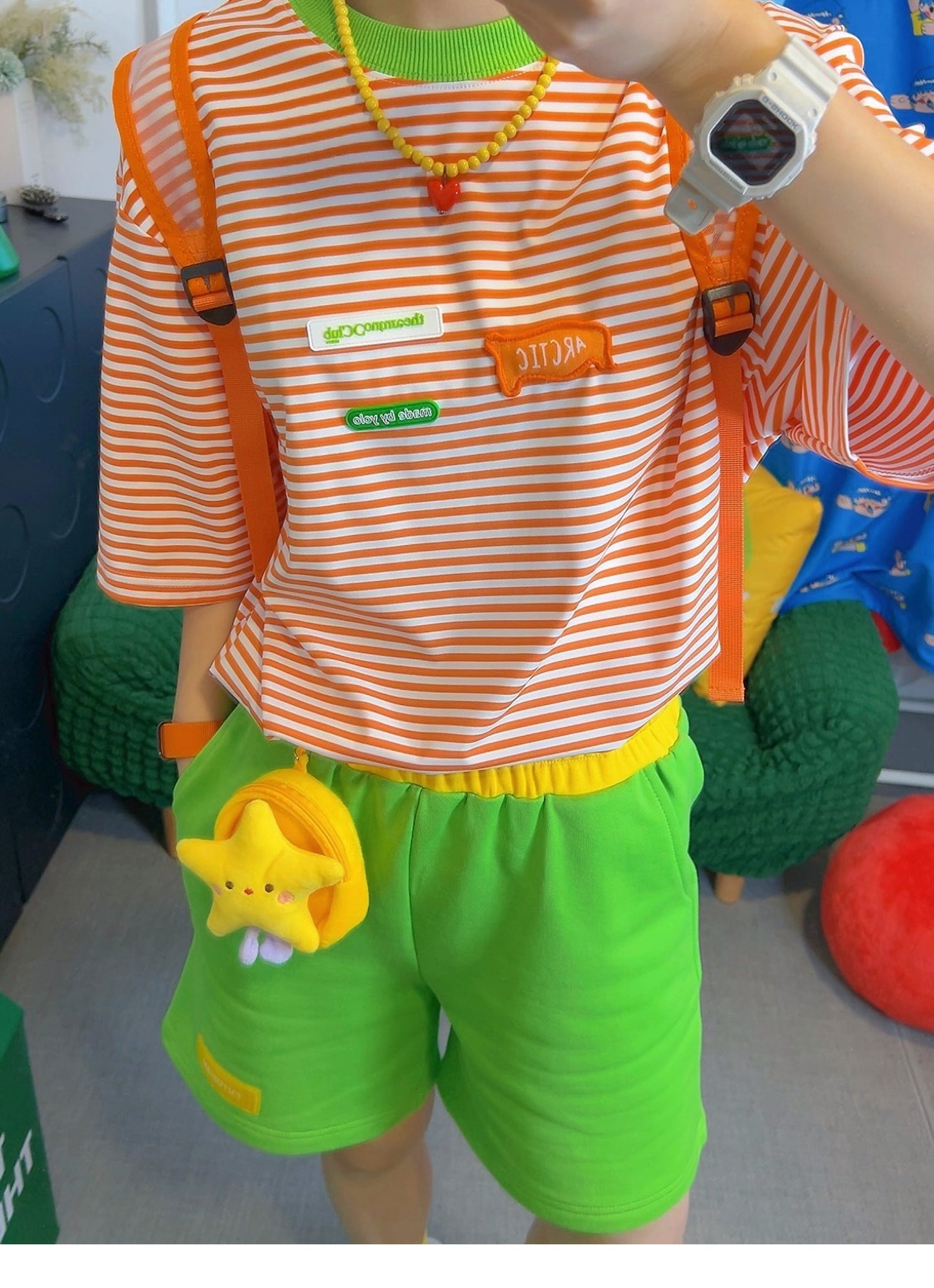 KURIOSITAET - Decora Kei Orange Striped T-Shirt tshirt KURIOSITAET