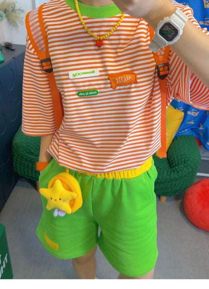 KURIOSITAET - Decora Kei Orange Striped T-Shirt tshirt KURIOSITAET