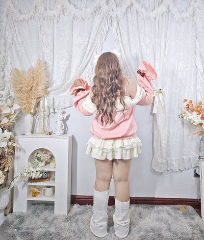 Roro Dream - Kawaii Oversized Puff Sleeve Cat Bow Sweater Lace Skirt Set set Roro Dream