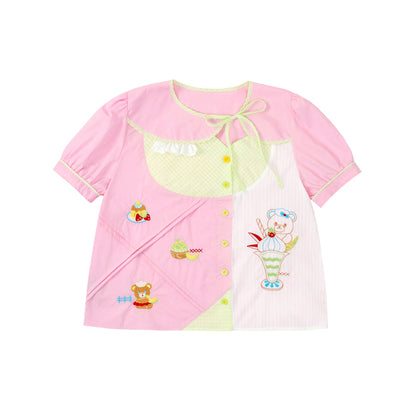 Lutra Jump - Decora Kei Pink Asymmetric Collar Embroidered Shirt shirt Lutra Jump