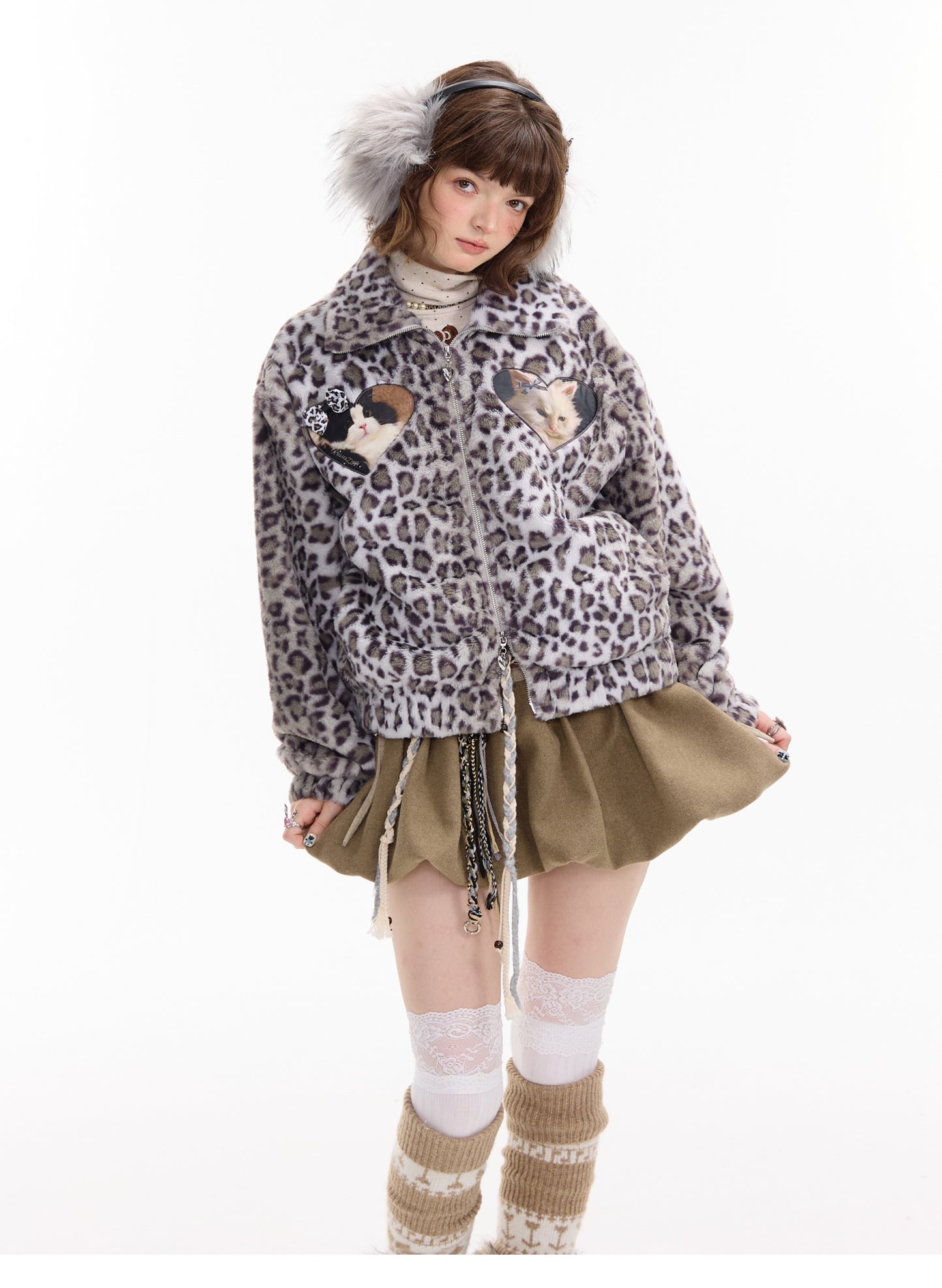 ziziFei - Girly Kei Leopard Cat Fleece Jacket coat ziziFei