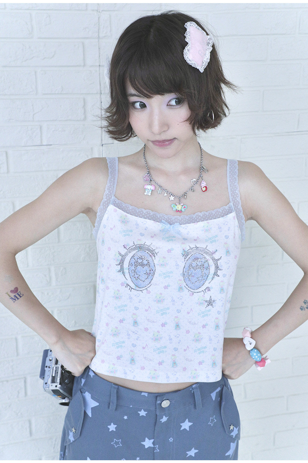 Hashtag DDD - Cartoon Eye Rhinestone Lace Cami camisole Hashtag DDD