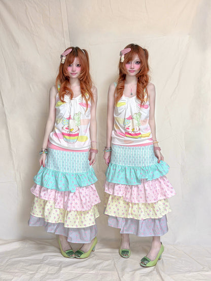 YJM with biubiu - Romantic Floral Layered Asymmetrical Skirt skirt YJM with biubiu