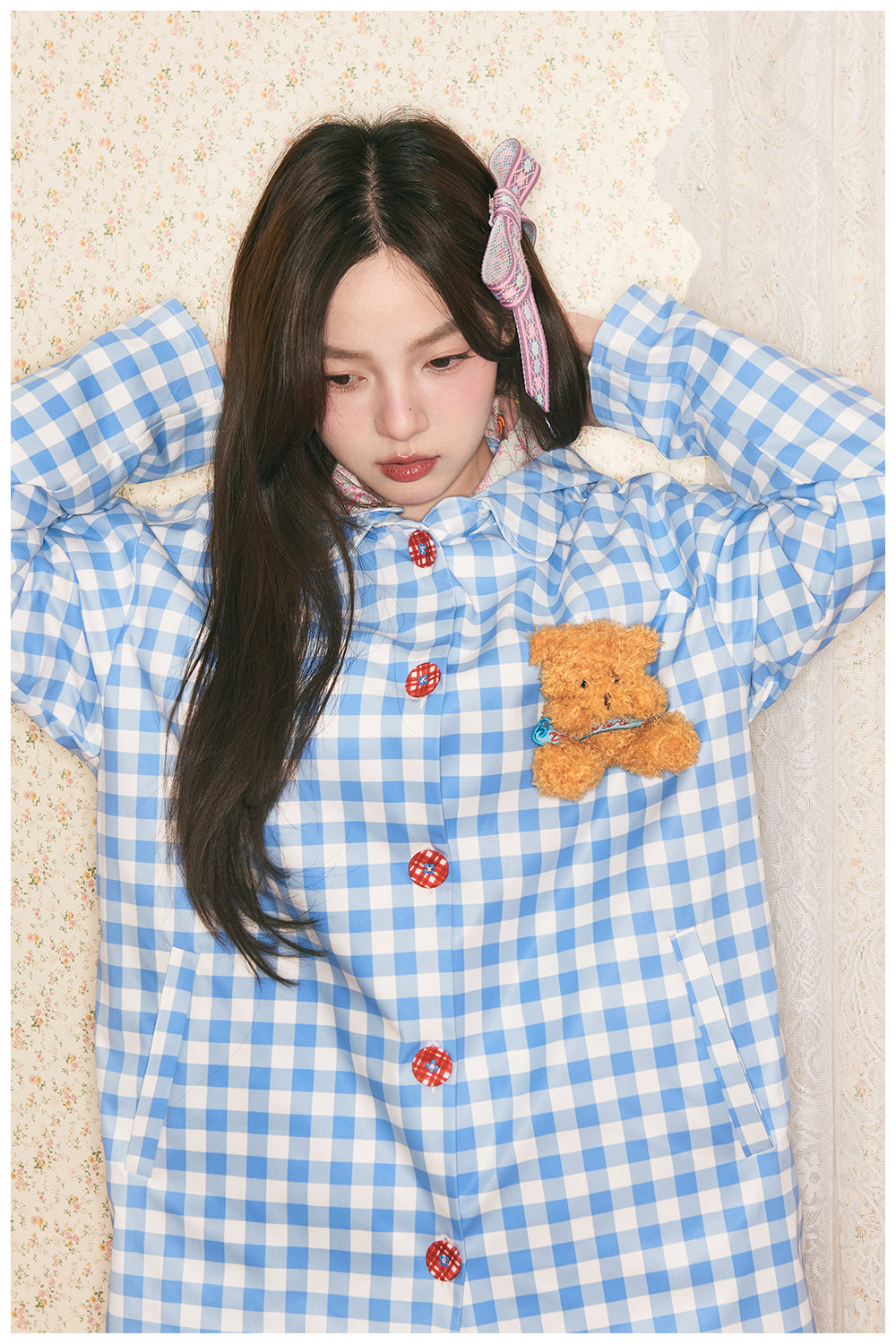 tntntutu - Blue Plaid Hooded Trench Coat w/ Bear Brooch Trench tntntutu