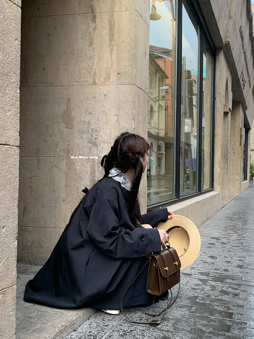Lu Miao - Navy Bow Doll Collar Trench Coat Trench Lu miao